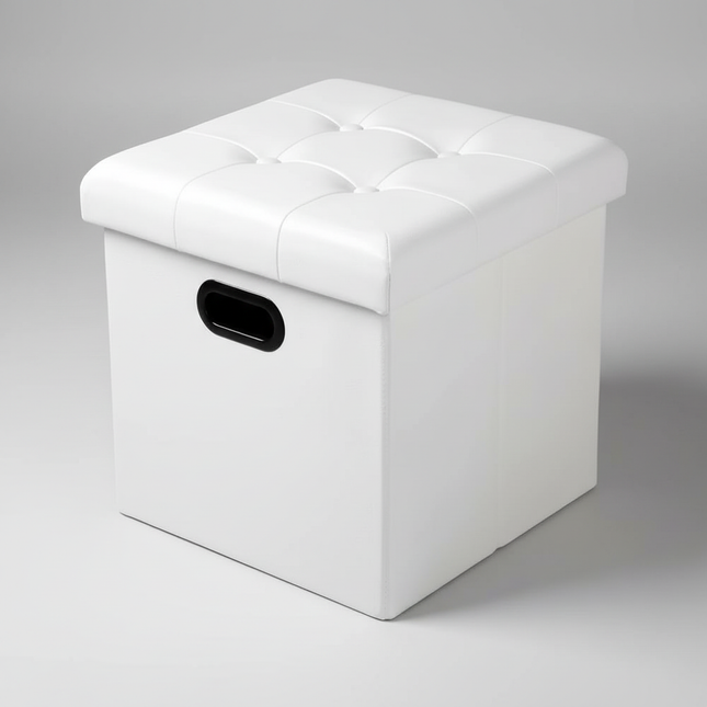 1PC Faux Leather White/Black Footstool Cube Chest Ottoman Pouf Footrest with Storage Foldable Stool Storage Box Home Seat Bench