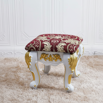 European Velvet Tufted Stool with Storage: Vintage Coffee Table Ottoman, Solid Wooden Seat, Gold Embroidery Accent Footrest