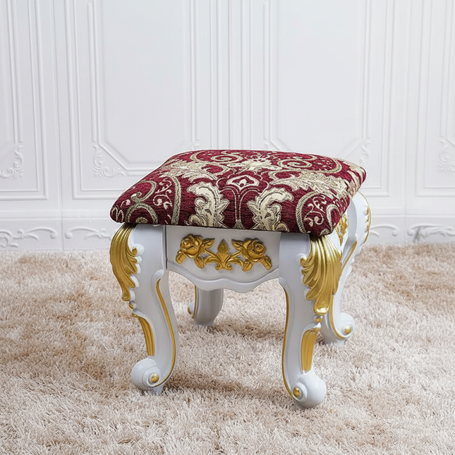 European Velvet Tufted Stool with Storage: Vintage Coffee Table Ottoman, Solid Wooden Seat, Gold Embroidery Accent Footrest
