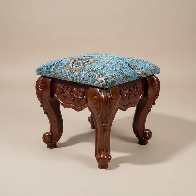 European Velvet Tufted Stool with Storage: Vintage Coffee Table Ottoman, Solid Wooden Seat, Gold Embroidery Accent Footrest