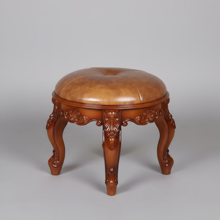 Retro Carved Small Stool Luxury Leather Cushion Creative Low Seat Elegant Room Sofa Chair Stylish Seating Decorative Footrest