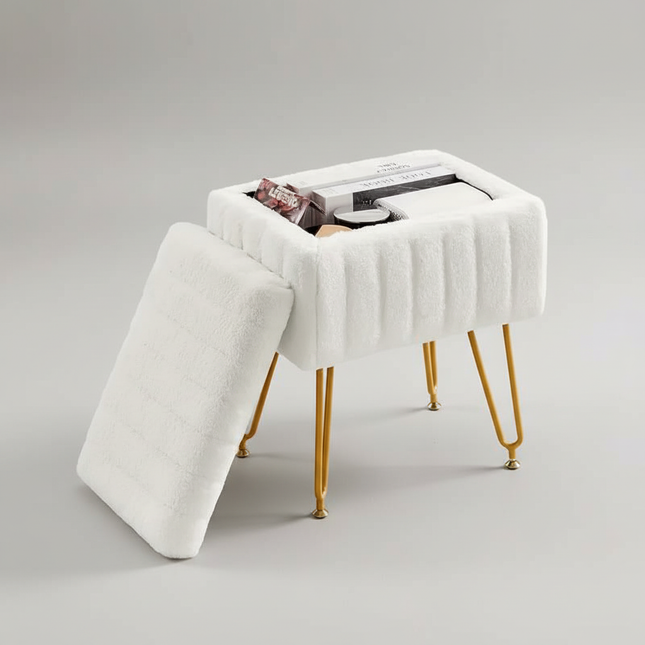 Makeup bench storage bench, Makeup bench bench with metal legs and soft faux fur surface, Flip-up footrest with upholstered seat