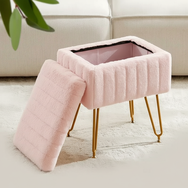 Makeup bench storage bench, Makeup bench bench with metal legs and soft faux fur surface, Flip-up footrest with upholstered seat