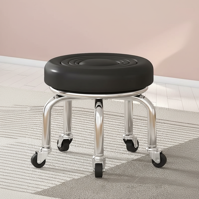 5-Wheel Metal Stool - Thickened Silent Low Stool with Sturdy Frame for Home/Foot Spa/Cosmetology/Kids