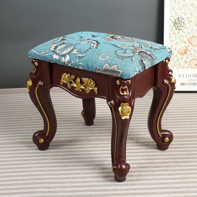 European Velvet Tufted Stool with Storage: Vintage Coffee Table Ottoman, Solid Wooden Seat, Gold Embroidery Accent Footrest