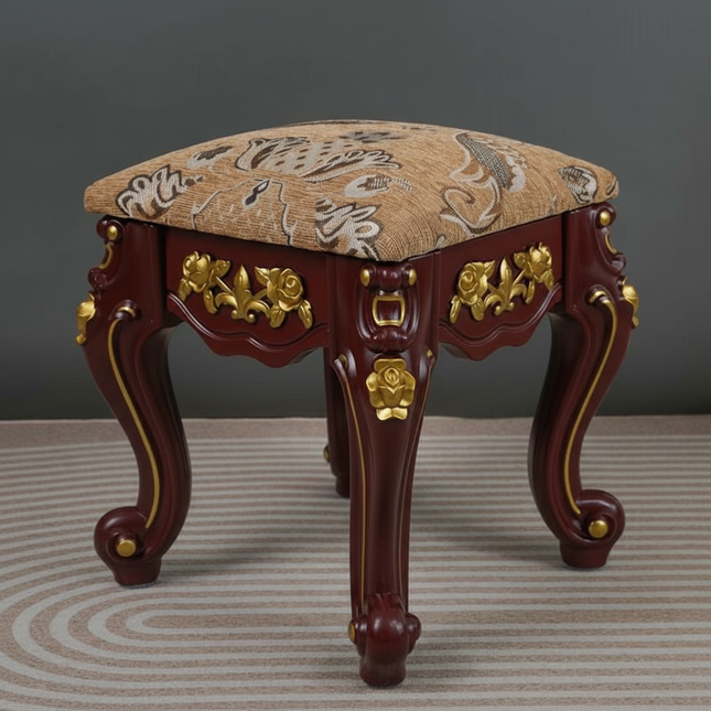 European Velvet Tufted Stool with Storage: Vintage Coffee Table Ottoman, Solid Wooden Seat, Gold Embroidery Accent Footrest