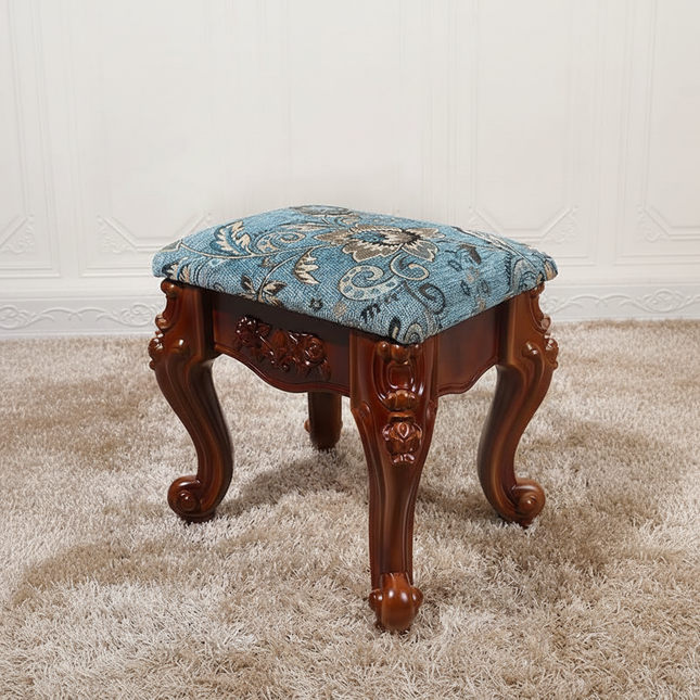 European Velvet Tufted Stool with Storage: Vintage Coffee Table Ottoman, Solid Wooden Seat, Gold Embroidery Accent Footrest