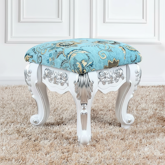 European Velvet Tufted Stool with Storage: Vintage Coffee Table Ottoman, Solid Wooden Seat, Gold Embroidery Accent Footrest