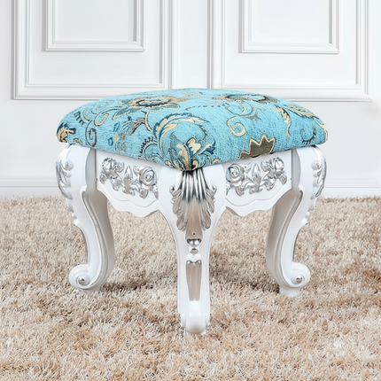 European Velvet Tufted Stool with Storage: Vintage Coffee Table Ottoman, Solid Wooden Seat, Gold Embroidery Accent Footrest