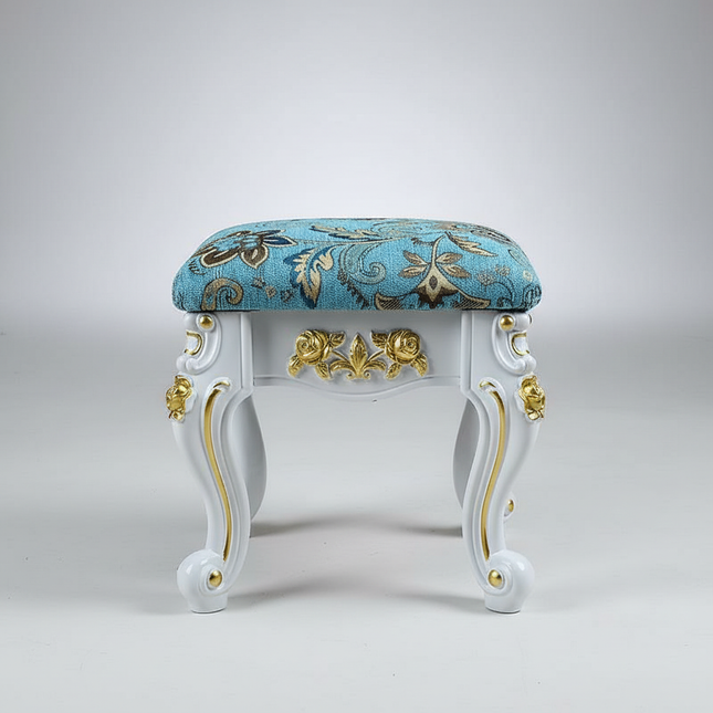 European Velvet Tufted Stool with Storage: Vintage Coffee Table Ottoman, Solid Wooden Seat, Gold Embroidery Accent Footrest