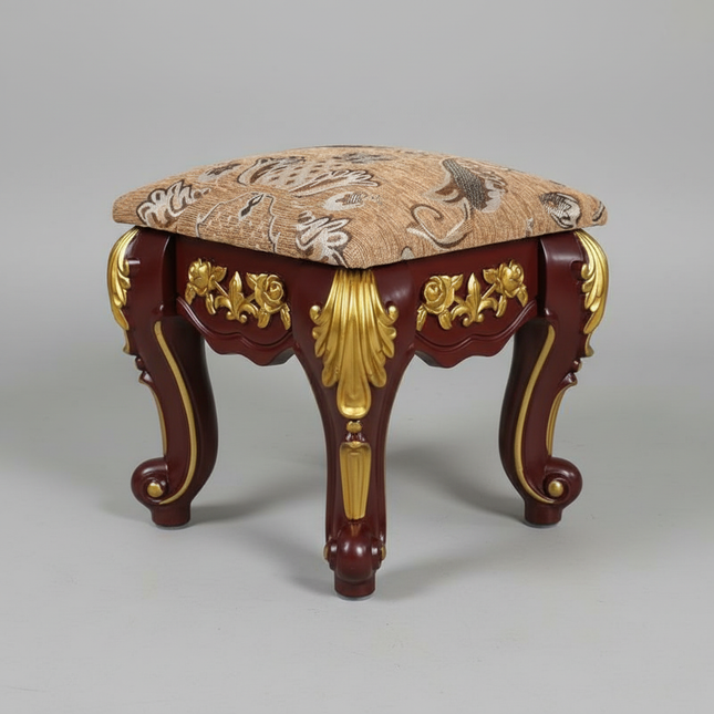 European Velvet Tufted Stool with Storage: Vintage Coffee Table Ottoman, Solid Wooden Seat, Gold Embroidery Accent Footrest