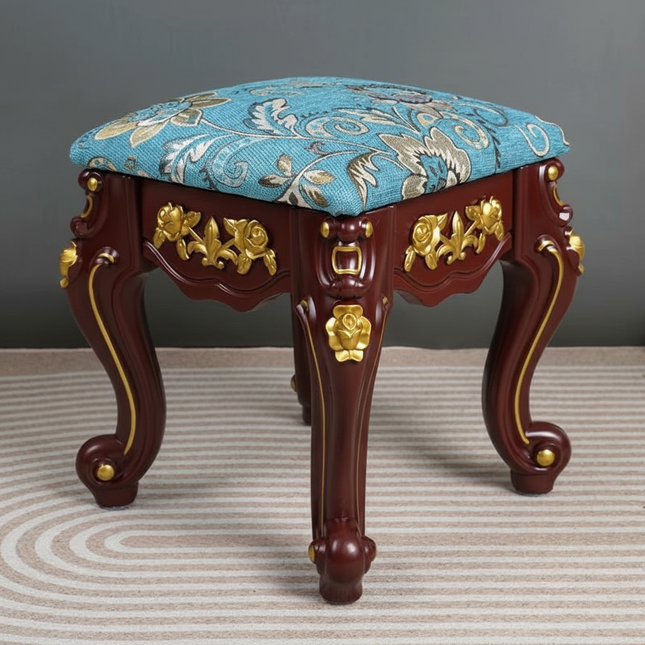 European Velvet Tufted Stool with Storage: Vintage Coffee Table Ottoman, Solid Wooden Seat, Gold Embroidery Accent Footrest