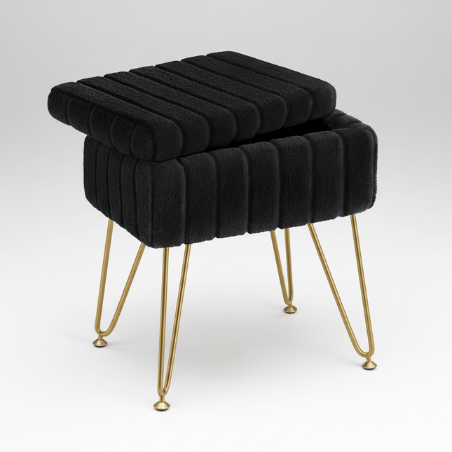 Makeup bench storage bench, Makeup bench bench with metal legs and soft faux fur surface, Flip-up footrest with upholstered seat