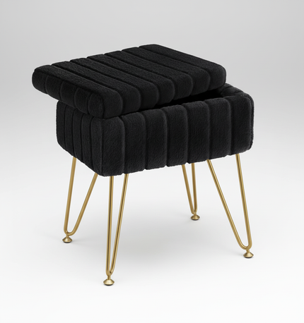 Makeup bench storage bench, Makeup bench bench with metal legs and soft faux fur surface, Flip-up footrest with upholstered seat