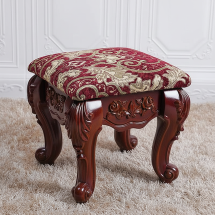 European Velvet Tufted Stool with Storage: Vintage Coffee Table Ottoman, Solid Wooden Seat, Gold Embroidery Accent Footrest