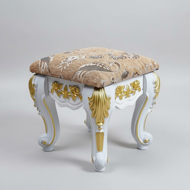 European Velvet Tufted Stool with Storage: Vintage Coffee Table Ottoman, Solid Wooden Seat, Gold Embroidery Accent Footrest