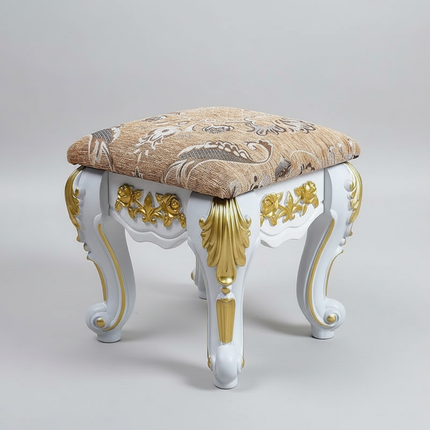 European Velvet Tufted Stool with Storage: Vintage Coffee Table Ottoman, Solid Wooden Seat, Gold Embroidery Accent Footrest