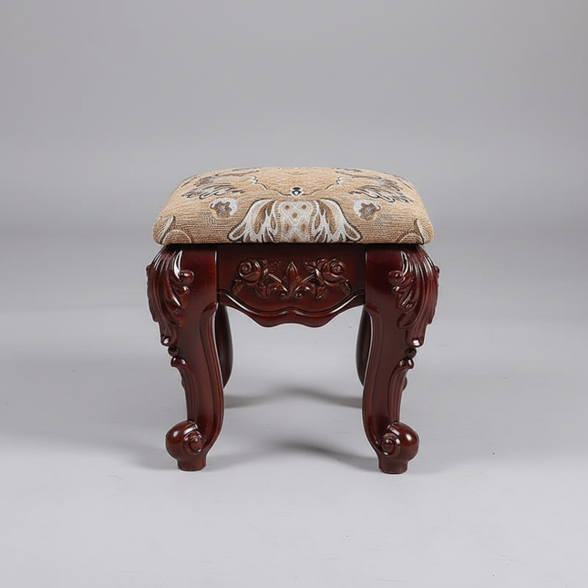 European Velvet Tufted Stool with Storage: Vintage Coffee Table Ottoman, Solid Wooden Seat, Gold Embroidery Accent Footrest