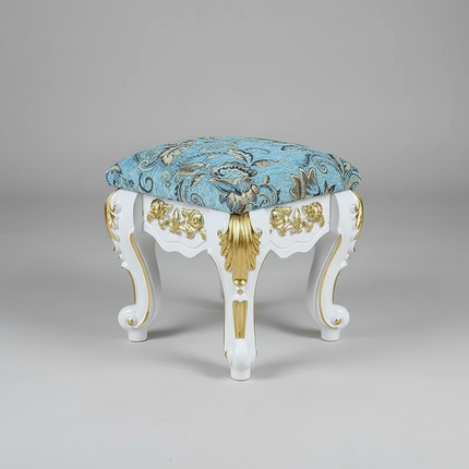 European Velvet Tufted Stool with Storage: Vintage Coffee Table Ottoman, Solid Wooden Seat, Gold Embroidery Accent Footrest