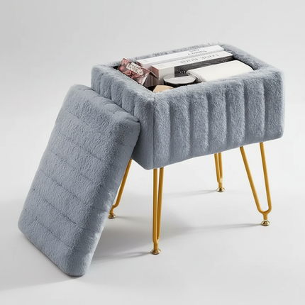 Makeup bench storage bench, Makeup bench bench with metal legs and soft faux fur surface, Flip-up footrest with upholstered seat