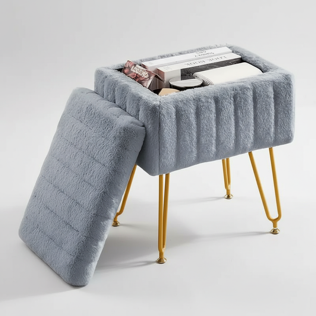 Makeup bench storage bench, Makeup bench bench with metal legs and soft faux fur surface, Flip-up footrest with upholstered seat
