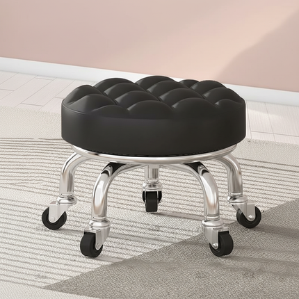 5-Wheel Metal Stool - Thickened Silent Low Stool with Sturdy Frame for Home/Foot Spa/Cosmetology/Kids