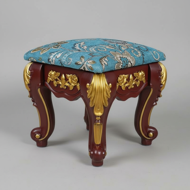 European Velvet Tufted Stool with Storage: Vintage Coffee Table Ottoman, Solid Wooden Seat, Gold Embroidery Accent Footrest