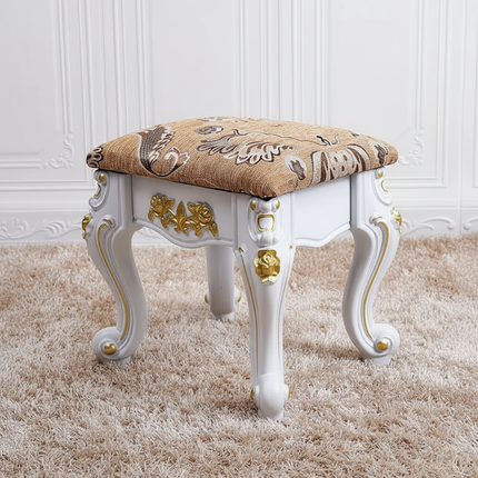 European Velvet Tufted Stool with Storage: Vintage Coffee Table Ottoman, Solid Wooden Seat, Gold Embroidery Accent Footrest