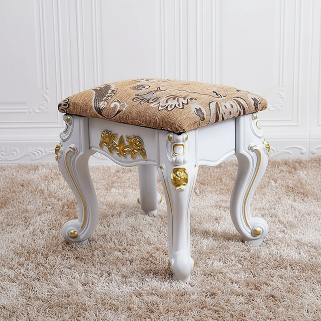European Velvet Tufted Stool with Storage: Vintage Coffee Table Ottoman, Solid Wooden Seat, Gold Embroidery Accent Footrest