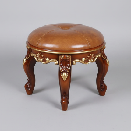 Retro Carved Small Stool Luxury Leather Cushion Creative Low Seat Elegant Room Sofa Chair Stylish Seating Decorative Footrest