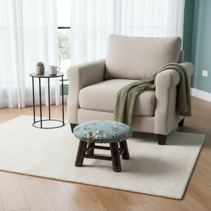 ‌Premium Velvet Upholstered Pouf Ottoman‌ - Solid Wood Leg Round Coffee Table Footrest European Style Extra Seat for Living Room - gallery 1