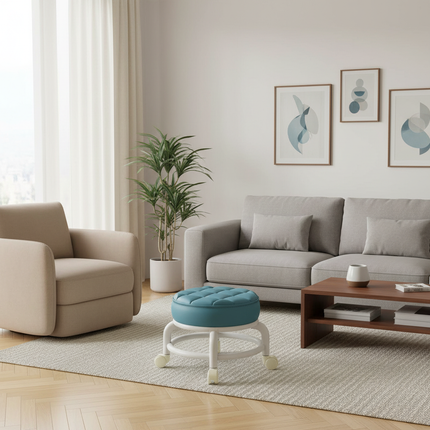 Low Stool with Wheels，Leather Fabric Portable Small Round Waterproof Durable Stool Thickening Seat Cushion Simple Soft Stool - gallery 1