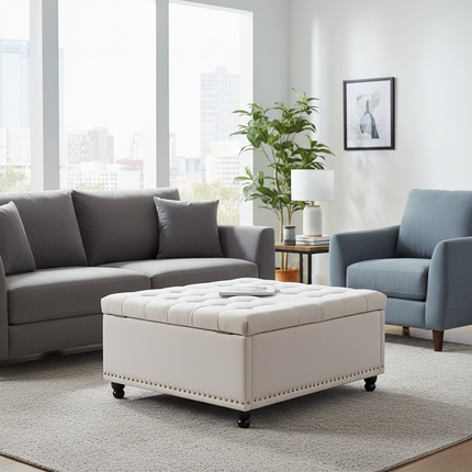 REDLIFE 35" Large Square Storage Ottoman Bench, Upholstered Coffee Table ,Lift Top Storage Ottoman Tufted Fabric for Living Room - gallery 1