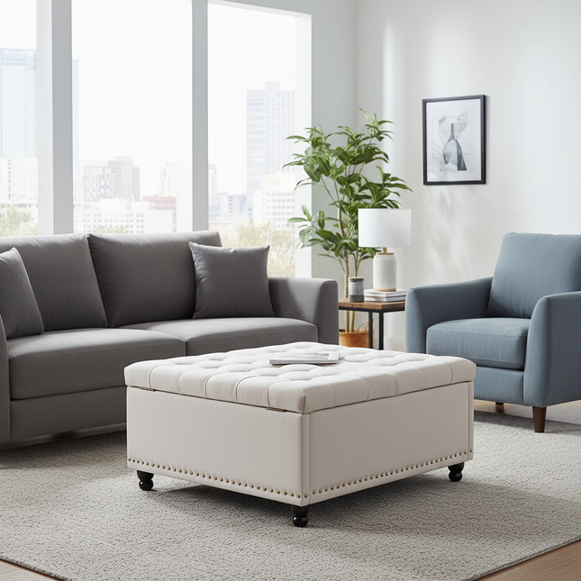 REDLIFE 35" Large Square Storage Ottoman Bench, Upholstered Coffee Table ,Lift Top Storage Ottoman Tufted Fabric for Living Room - gallery 1