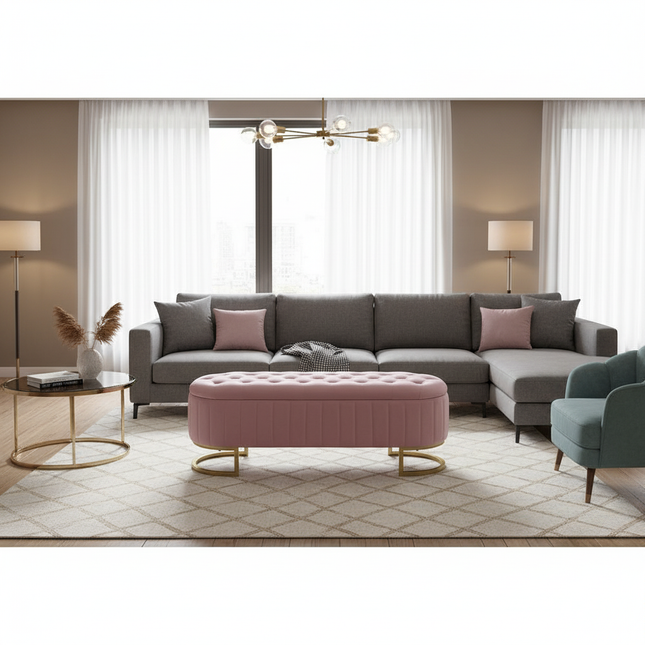 Multifunctional sofa stool 120x40 cm foot rest large storage space with pouf storage fabric pink velvet - gallery 1