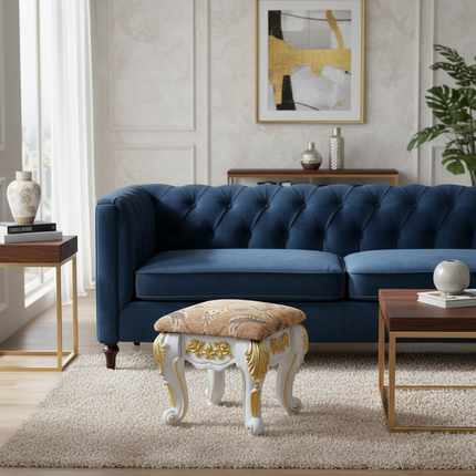 European Velvet Tufted Stool with Storage: Vintage Coffee Table Ottoman, Solid Wooden Seat, Gold Embroidery Accent Footrest - gallery 1