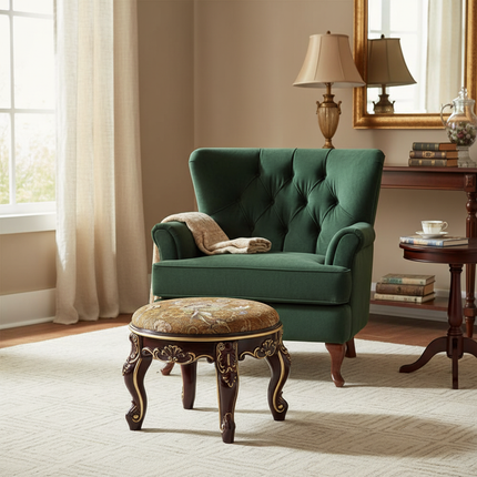 Retro Fabric Dressing Chair, Child Round Stool, Dressing Seat, Home Furniture, Living Room Dinning Chair, ABS Leg, Round Ottoman - gallery 1