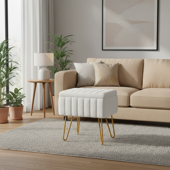 Makeup bench storage bench, Makeup bench bench with metal legs and soft faux fur surface, Flip-up footrest with upholstered seat - gallery 1