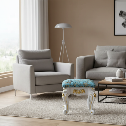 European Velvet Tufted Stool with Storage: Vintage Coffee Table Ottoman, Solid Wooden Seat, Gold Embroidery Accent Footrest - gallery 1