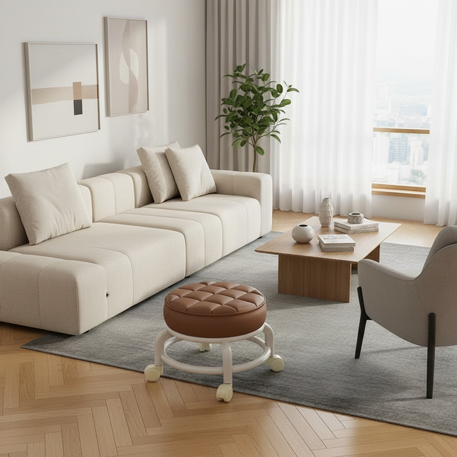 Low Stool with Wheels，Leather Fabric Portable Small Round Waterproof Durable Stool Thickening Seat Cushion Simple Soft Stool - gallery 1