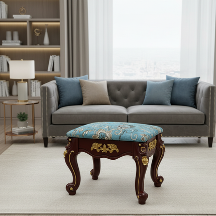 European Velvet Tufted Stool with Storage: Vintage Coffee Table Ottoman, Solid Wooden Seat, Gold Embroidery Accent Footrest - gallery 1