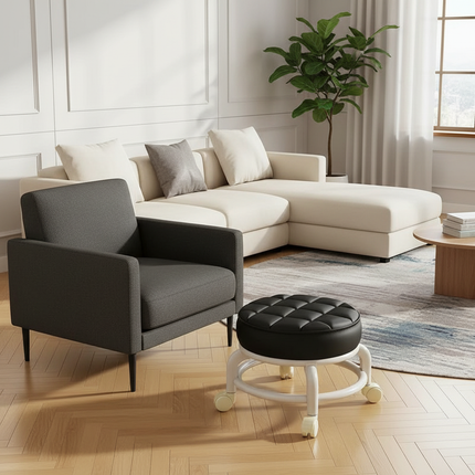 Low Stool with Wheels，Leather Fabric Portable Small Round Waterproof Durable Stool Thickening Seat Cushion Simple Soft Stool - gallery 1