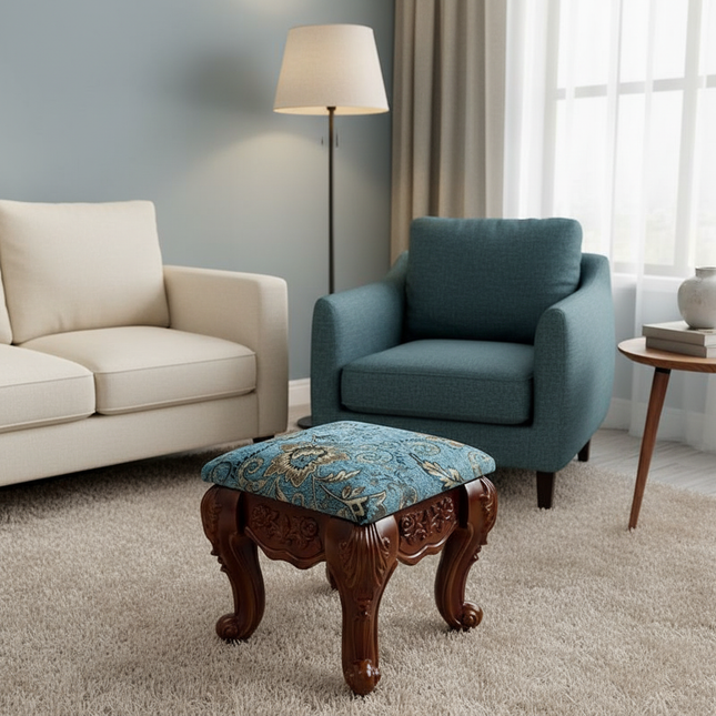 European Velvet Tufted Stool with Storage: Vintage Coffee Table Ottoman, Solid Wooden Seat, Gold Embroidery Accent Footrest - gallery 1