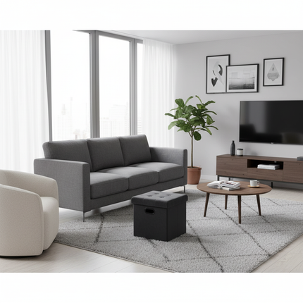 1PC Faux Leather White/Black Footstool Cube Chest Ottoman Pouf Footrest with Storage Foldable Stool Storage Box Home Seat Bench - gallery 1