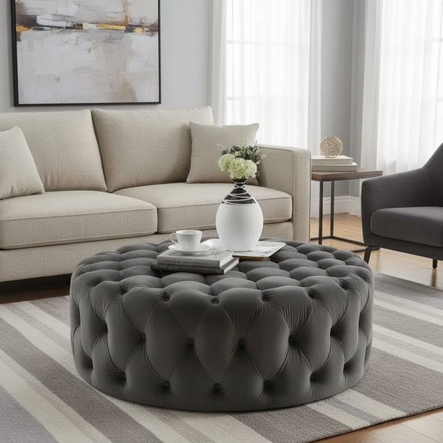 Velvet Round Ottoman Luxury Sofa Living Room Furniture Modern Bedroom Floor Pouf Clothing Store Shoes-changing Soft Stool B - gallery 1