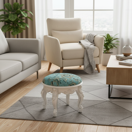 Retro Fabric Dressing Chair, Child Round Stool, Dressing Seat, Home Furniture, Living Room Dinning Chair, ABS Leg, Round Ottoman - gallery 1