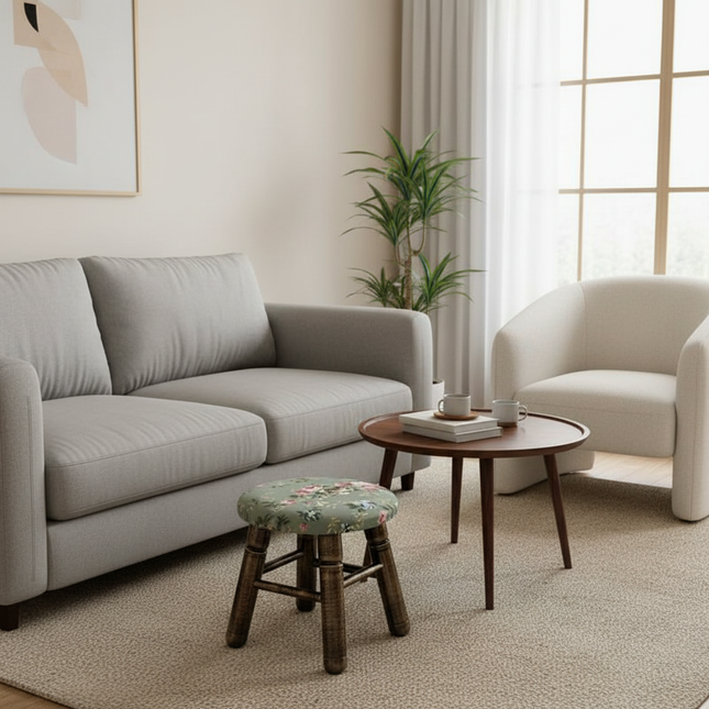 ‌Premium Velvet Upholstered Pouf Ottoman‌ - Solid Wood Leg Round Coffee Table Footrest European Style Extra Seat for Living Room - gallery 1