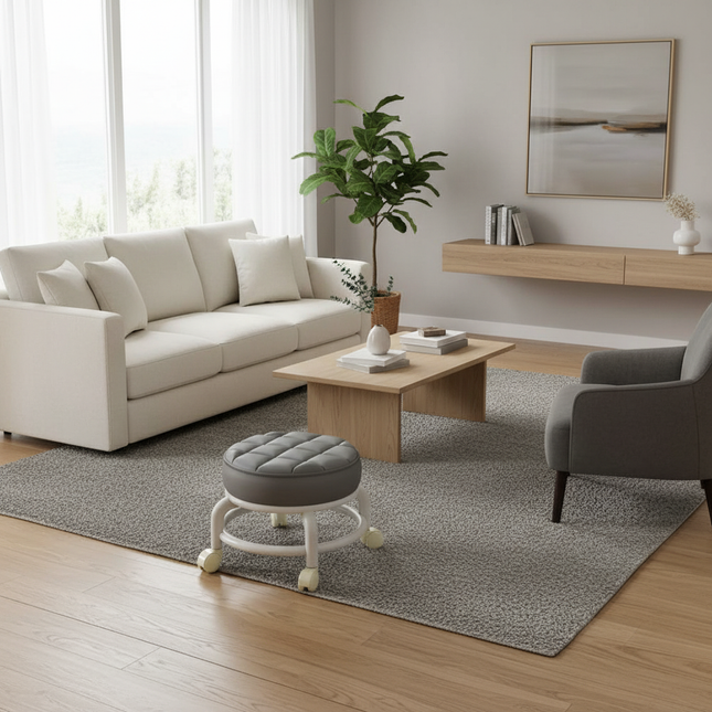 Low Stool with Wheels，Leather Fabric Portable Small Round Waterproof Durable Stool Thickening Seat Cushion Simple Soft Stool - gallery 1