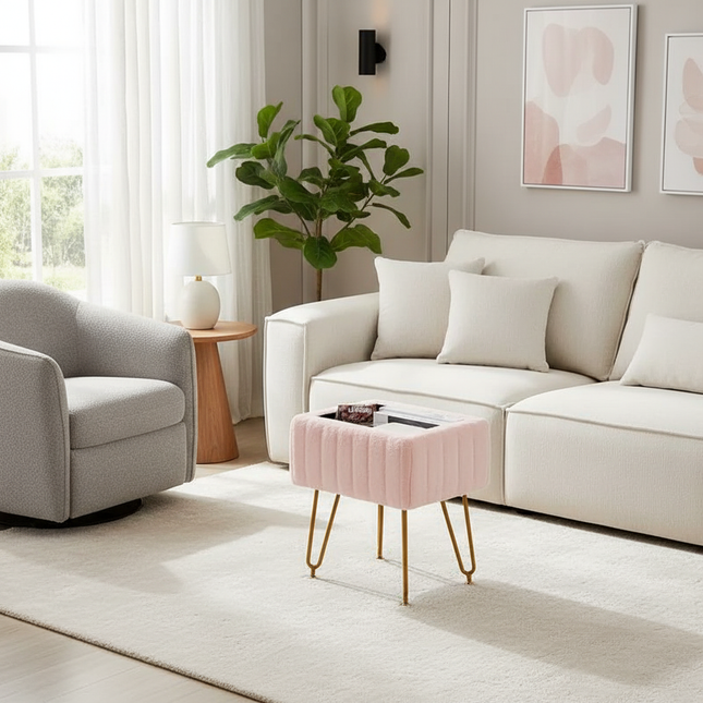 Makeup bench storage bench, Makeup bench bench with metal legs and soft faux fur surface, Flip-up footrest with upholstered seat - gallery 1