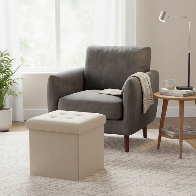 1PC Foldable Dressing Table Stool Pouf Storage Ottoman Chair Stool Upholstered Footstool Linen Couch Stool Removable Cover - gallery 1